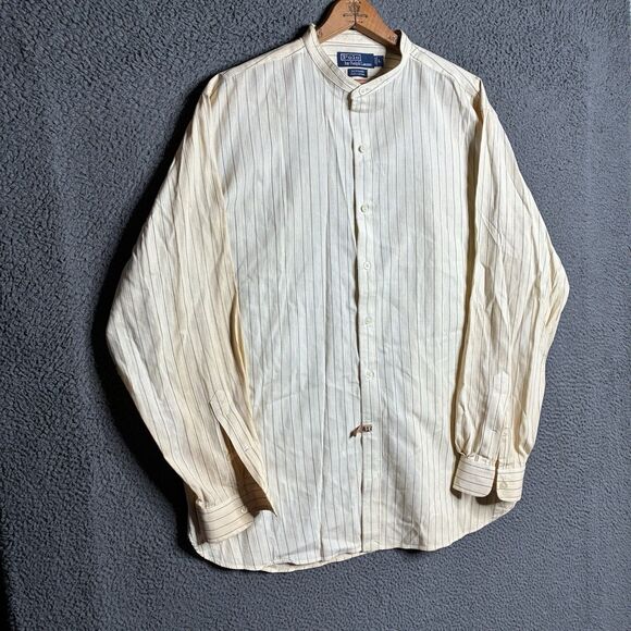 Vintage Polo Ralph Lauren Bernard Men's Large Ivory Striped Banded Collar Shirt - Picture 11 of 13